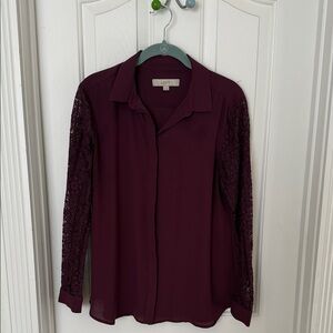 LOFT Burgundy Blouse with Lace Sleeves